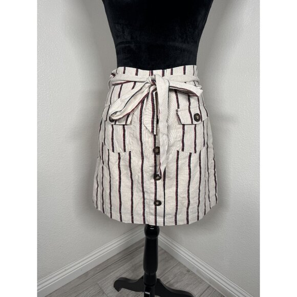 Striped‎ Cotton Linen Blend Knee-Length Skirt With Button Front & Tie Waist - Picture 1 of 6